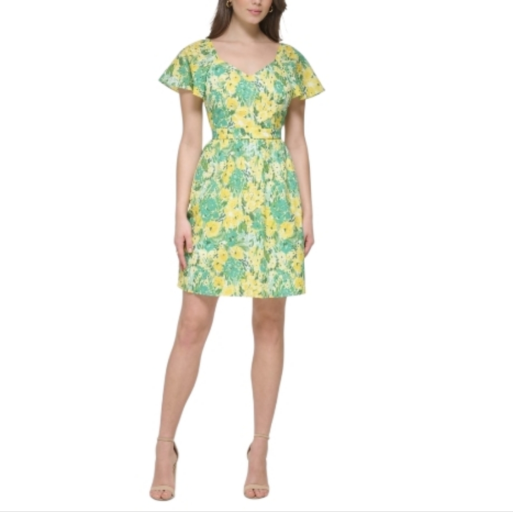 Kensie 100% Cotton Floral Dress Yellow Green Floral Ruffle Sleeve Sz 0 NWT